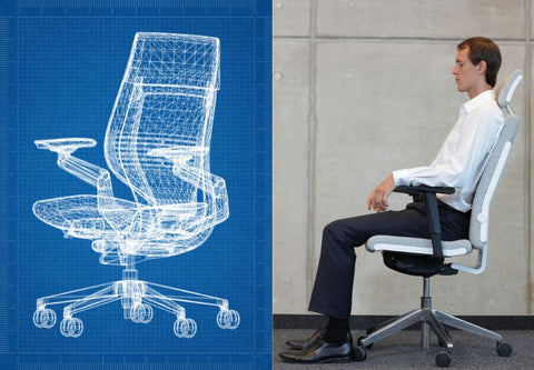 Une chaise en mode design et blueprint et le rendu final avec un homme assis dans une chaise ergonomique