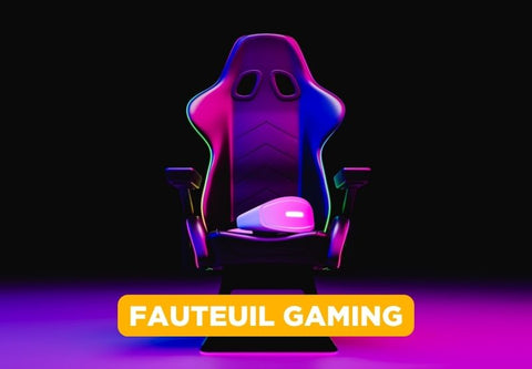 Gaming-Stuhl auf schwarzem Hintergrund und lila Neonlichtern