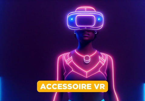 Une femme qui porte un casque de réalité virtuelle illuminée par des diodes