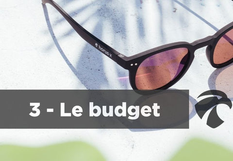 The budget, third step to choose your sunglasses, title with logo and sunglasses in the background