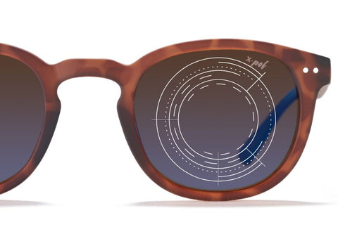 lunette de soleil marron avec mise en avant symbolique du verre et de ses technologies