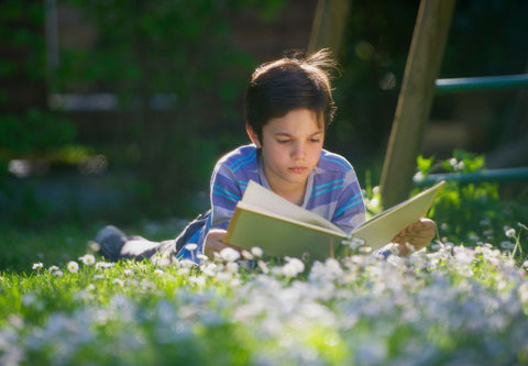 Ein kleiner Junge liest im Gras ein Buch
