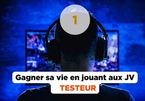 Testeur de jeu vidéo devant son écran d'ordinateur sous fond de lumière néon