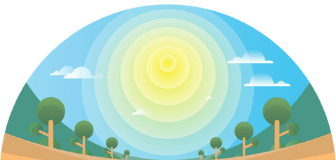 Graphic representing natural blue light with the sun in the middle of a landscape