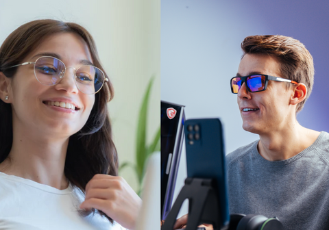 Eine Anti-Blaulicht-Brille, die von einer Frau getragen wird, und eine Gaming-Brille, die von einem Mann getragen wird
