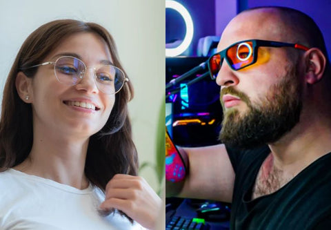 young woman wearing Ushuaia blue light blocking glasses and young man wearing Horus X revo gaming glasses