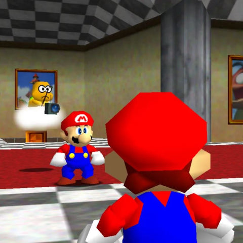 mario 64 looks at himself in a mirror