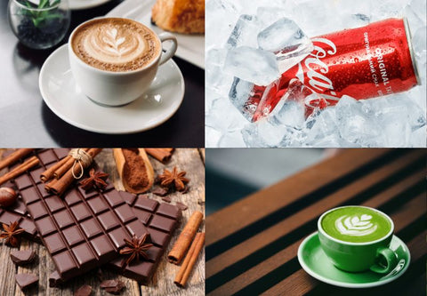 Montage de 4 aliments riches en caféine : café, chocolat, coca cola, matcha