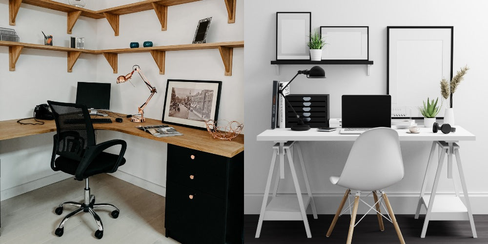 un bureau à domicile avec un ordinateur portable et des cadres photo et une chaise roulante noire à côté d'un bureau en bois marron