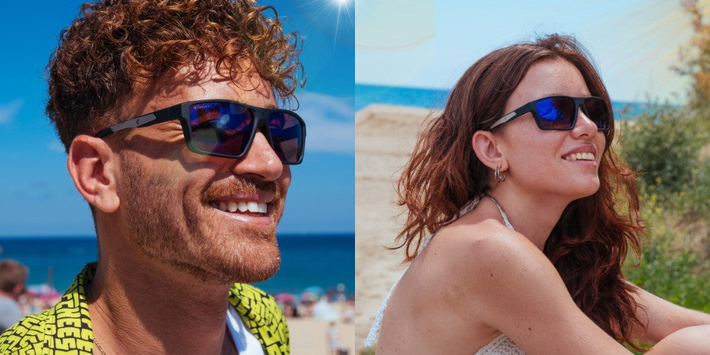 un homme et une femme portant des lunettes de soleil horus x REVO SUN.