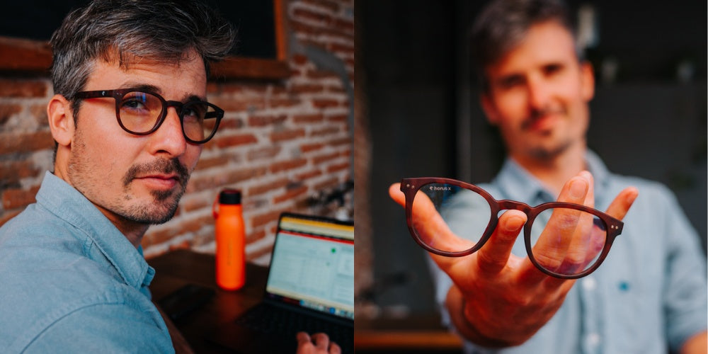 un homme portant des lunettes anti-lumière bleue Horus X.