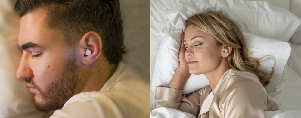 une femme et un homme dormant dans leur lit, portant des Écouteurs de sommeil QuietOn 3.1