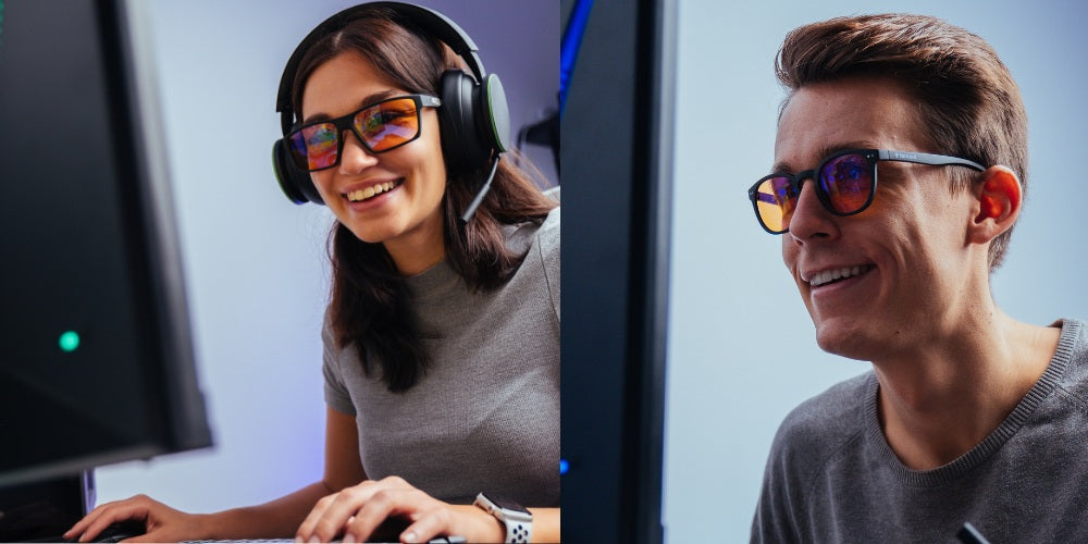 a woman and a man wearing horus x anti blue light glasses while playing on the computer