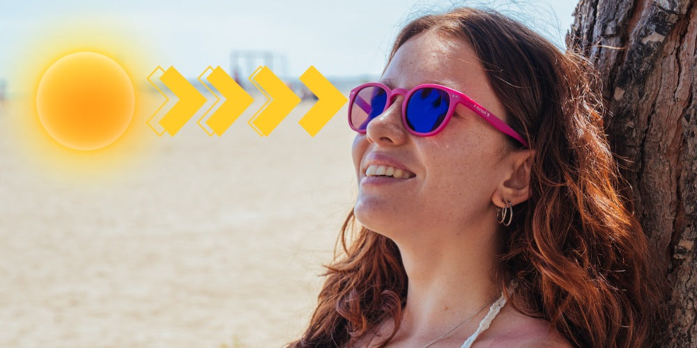 une femme portant des lunettes de soleil Horus X à la plage