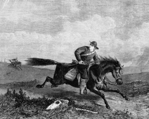 Painting of a Pony Express rider featuring an early messenger bag