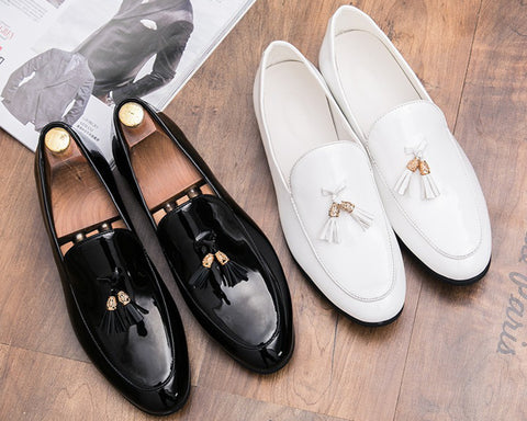 Black and white patent leather penny loafers