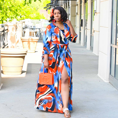 multi color petite maxi summer dress with side slit that's wrap dress style