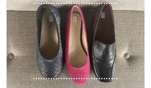 Three different shoes in a size 38 to show they are different lengths and thus fit differently
