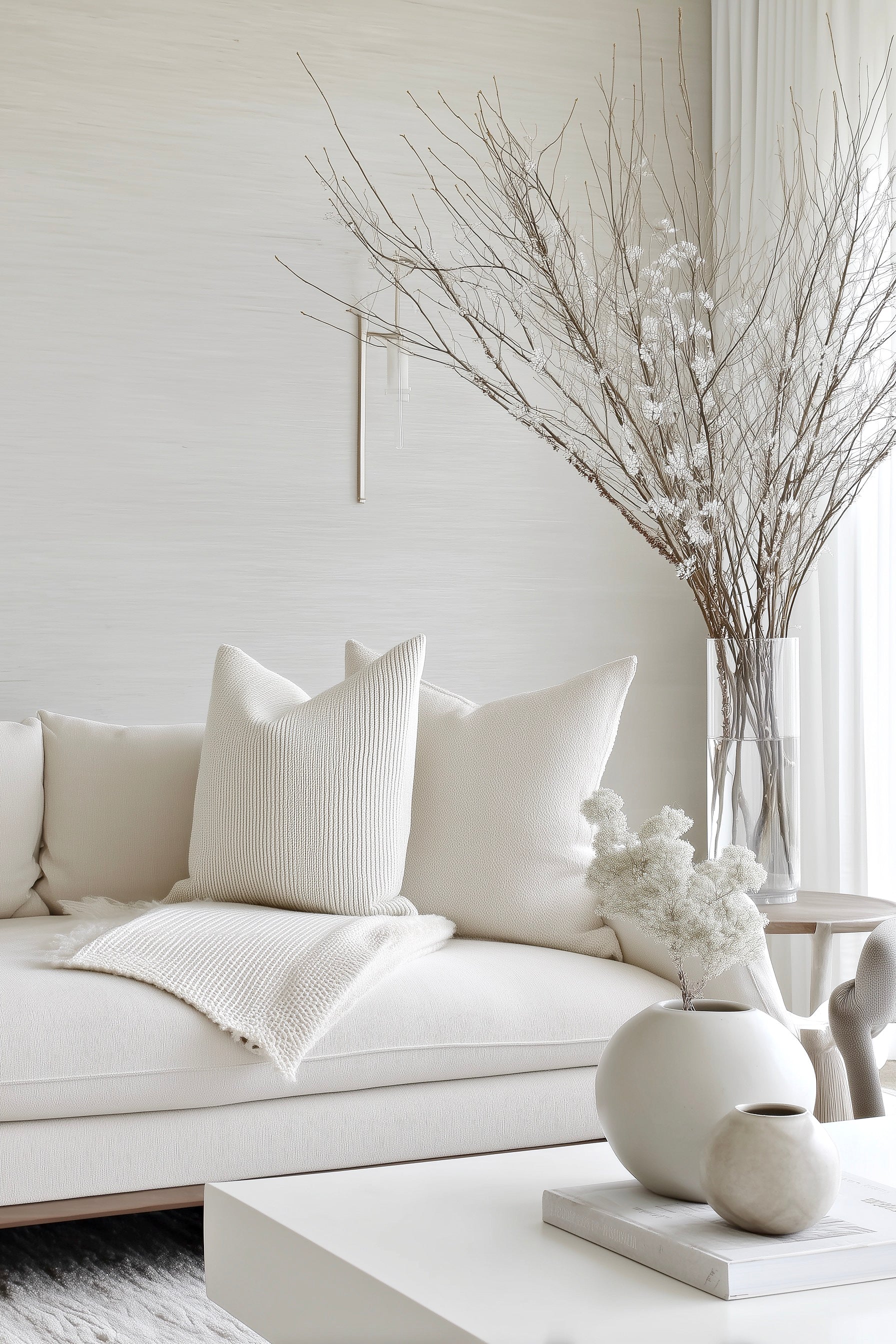 A serene beige-toned living room featuring a soft neutral sofa with layered cushions, a sculptural branch arrangement, and minimalist vases on a white coffee table. A calming space that visually demonstrates the psychological benefits of soft neutral design.