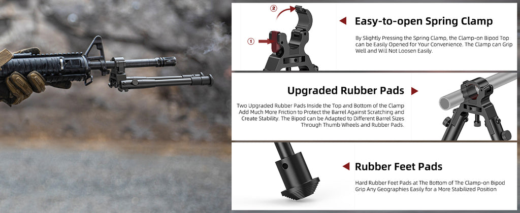 Rifle Bipod with Clamp-on Design and Rubber Pads