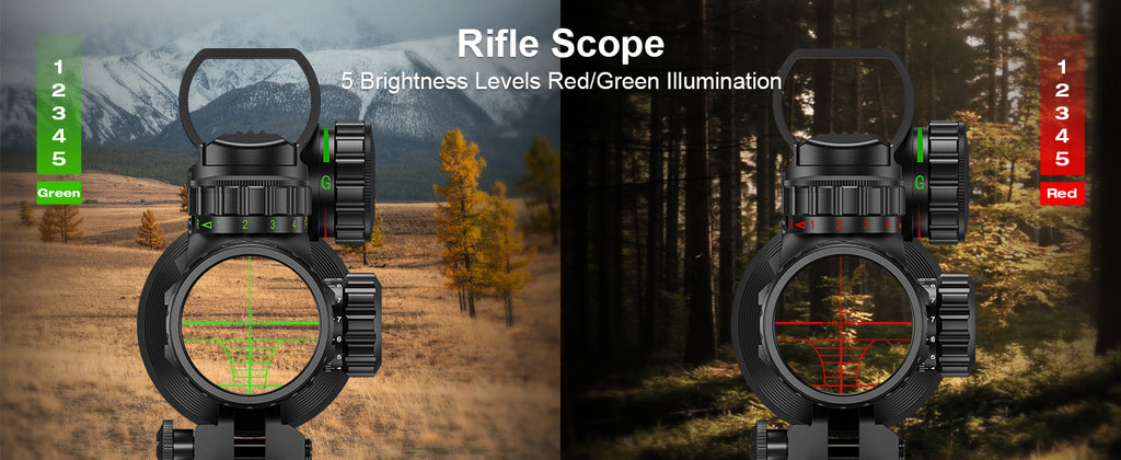 Rifle scope with red/green illumination and 5 brightness levels