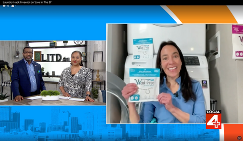 Wad-Free Inventor Cyndi Bray Shares Laundry Tips with Detroit CBS hosts on Live in the D via zoom from her laundry room