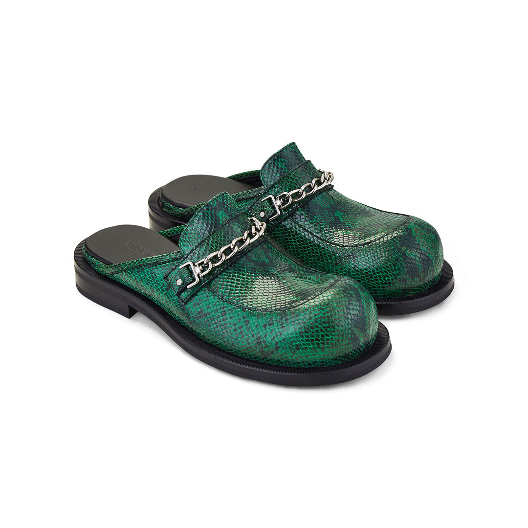 Martine ROSE — WOMENS BULB TOE CHAIN MULE in GREEN FAUX SNAKE