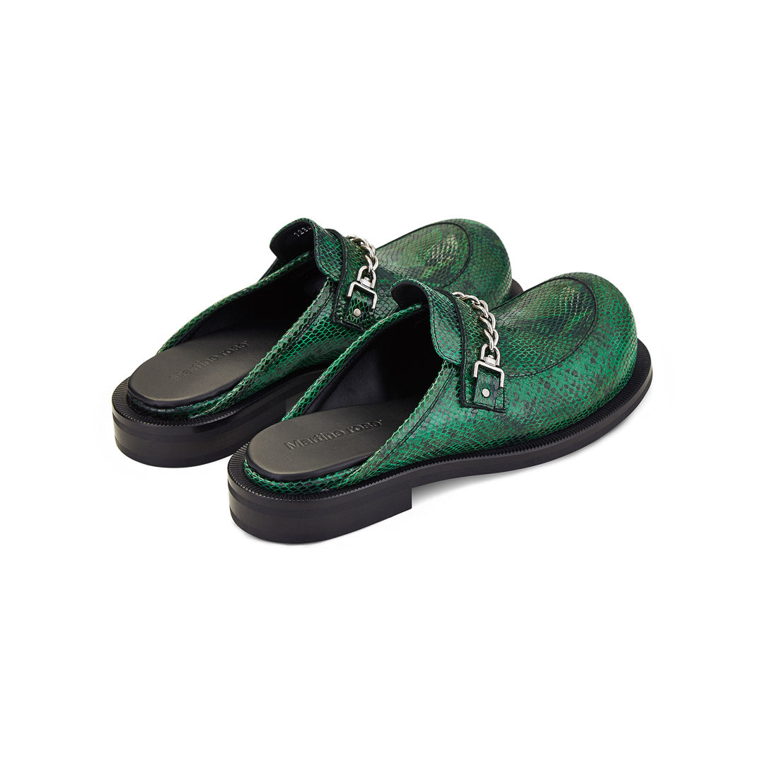 Martine ROSE — WOMENS BULB TOE CHAIN MULE in GREEN FAUX SNAKE