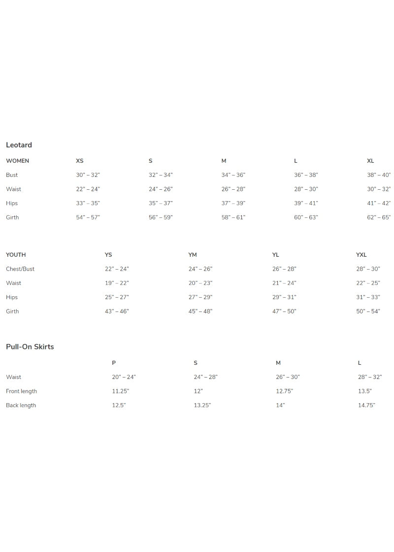 AK Dancewear Size Chart