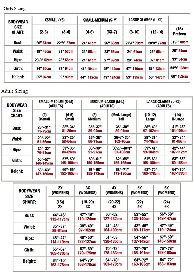 Body Wrappers Women's Dance Apparel Size Chart