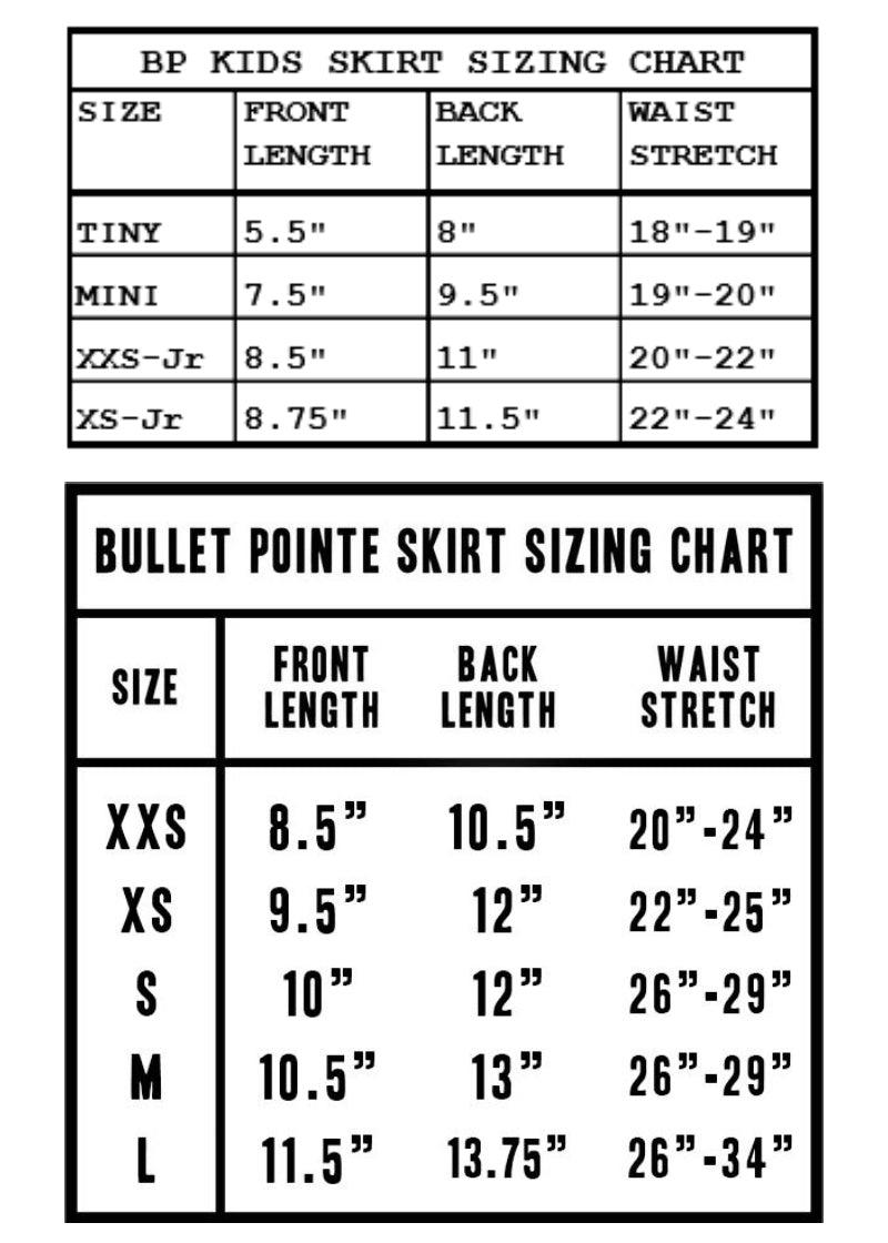 Bullet Pointe Women's Dance Apparel Size Chart