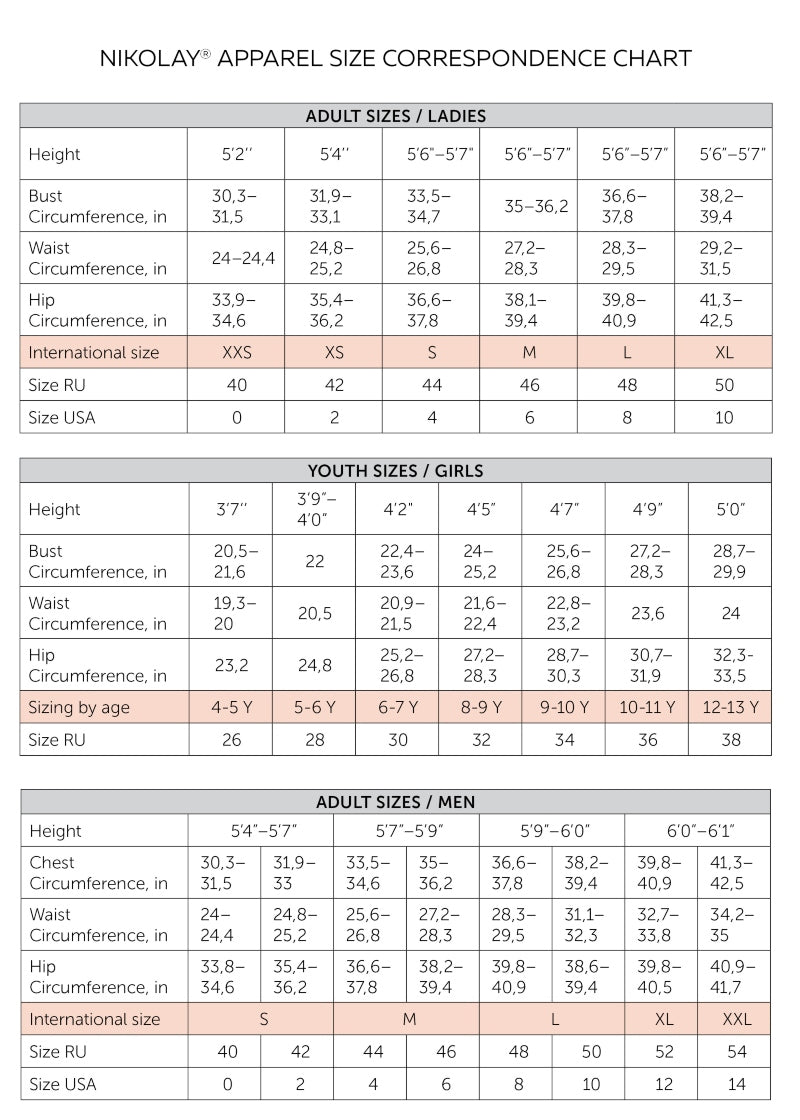 Nikolay Dance Apparel Size Charts