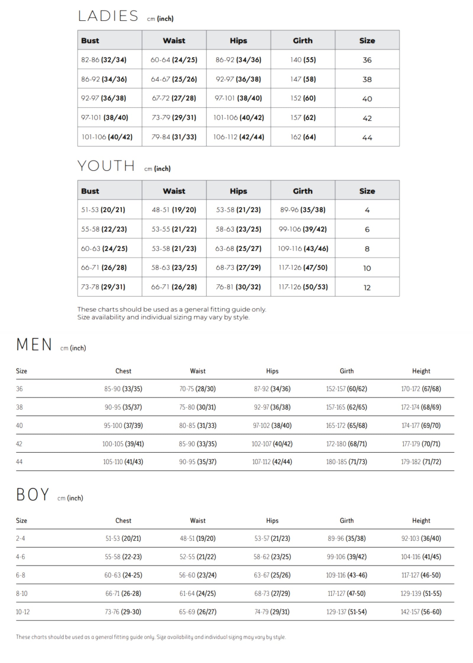 Ballet Rosa Sizing Charts