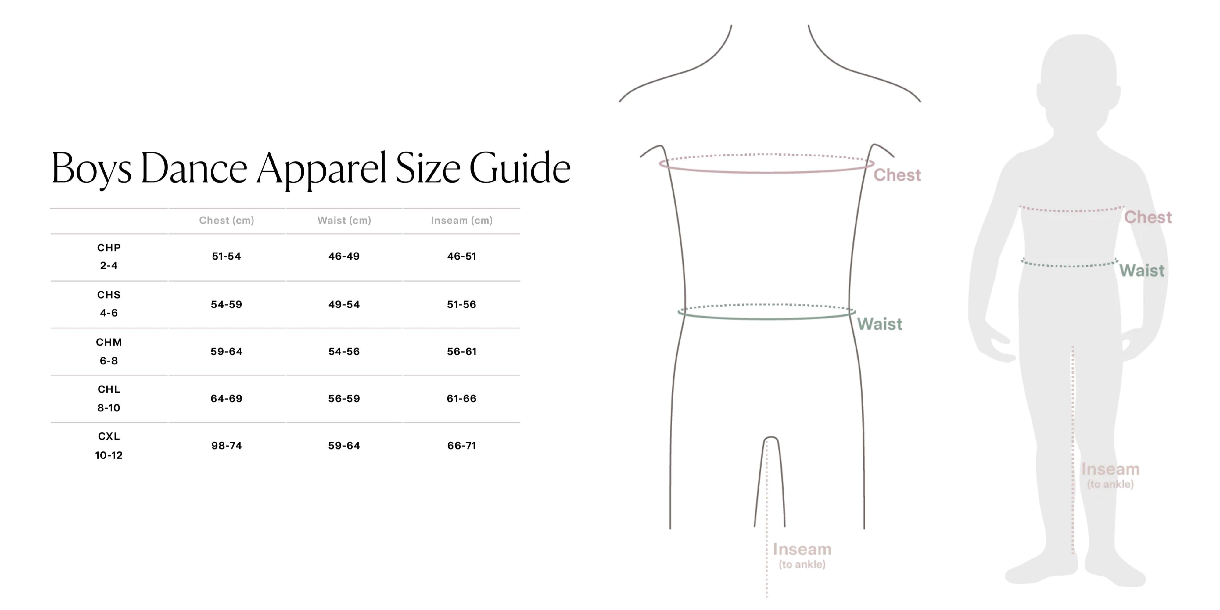 Bloch Boys' Dance Apparel Size Chart