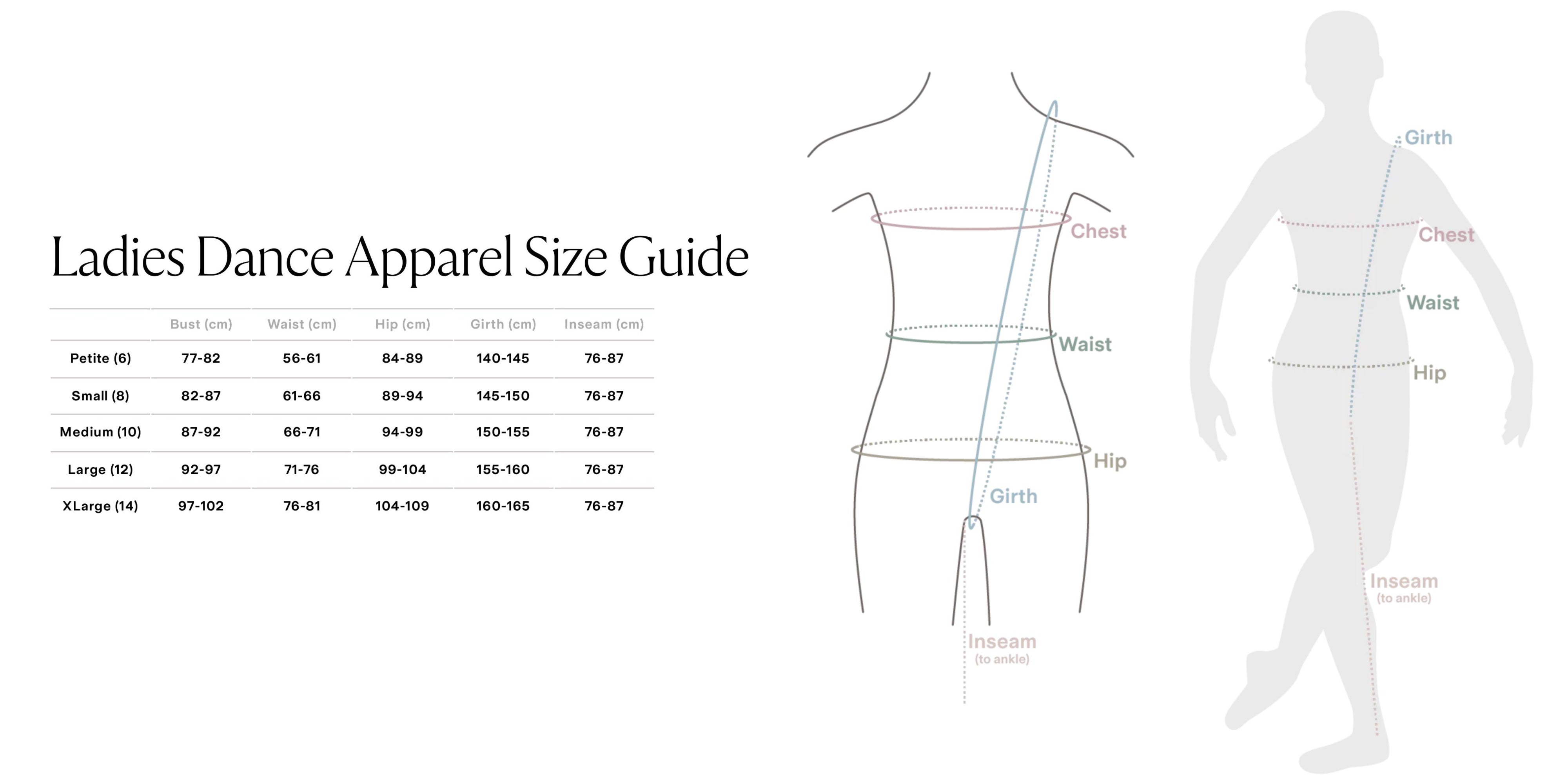 Bloch Ladies' Dance Apparel Size Chart