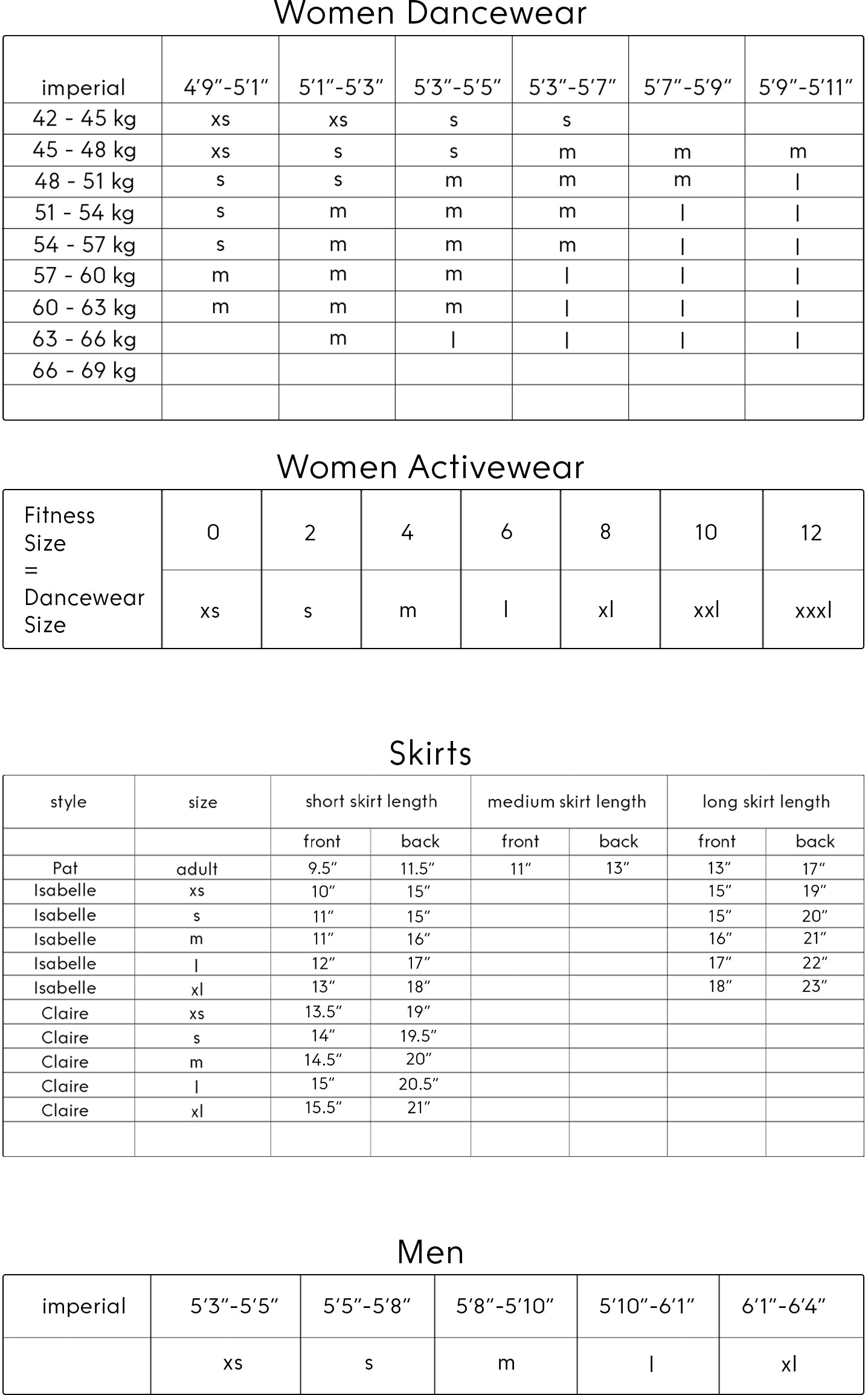 Yumiko Dance Apparel Size Chart