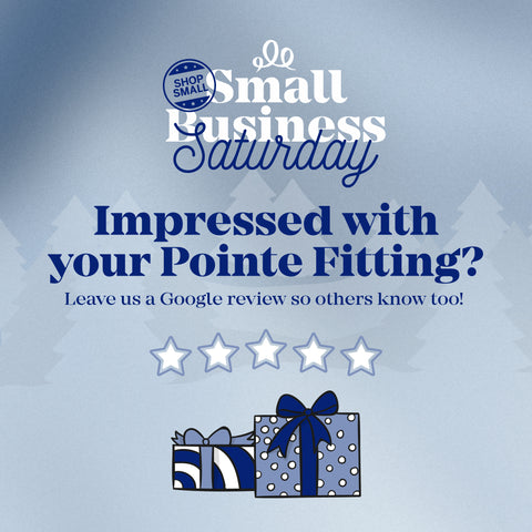 Blue and white image asking for a review if you've ever had a pointe fitting at Allegro. Include images of presents and 5 stars. 