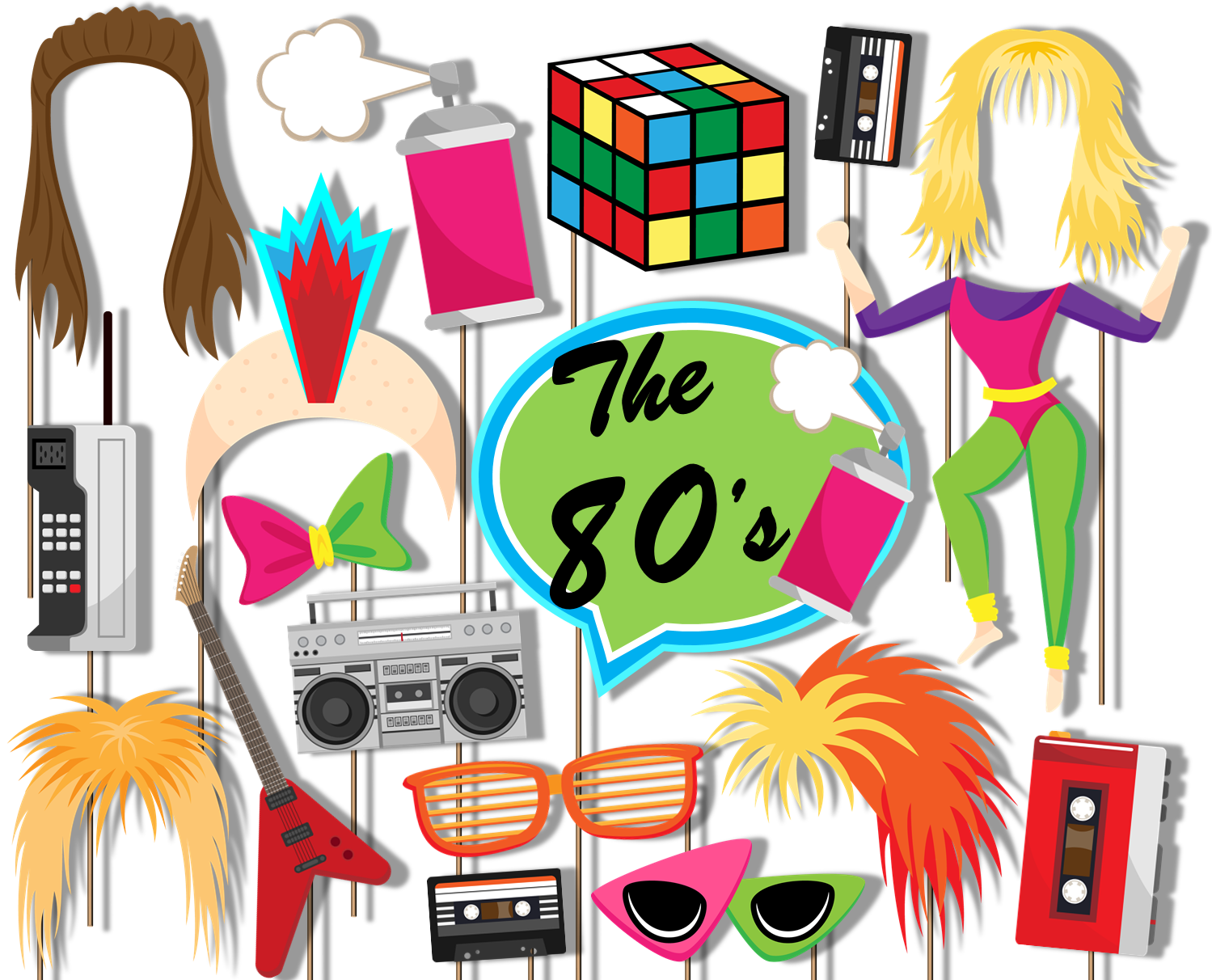 80s Totally Awesome Decade Photo Booth Props 20pcs Assembled