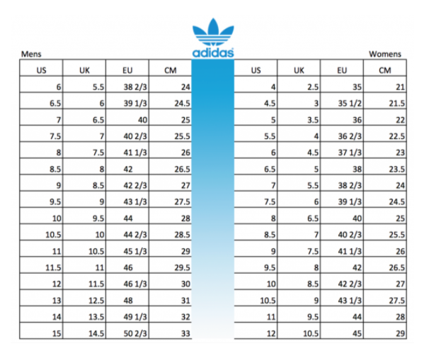 adidas shoes size table