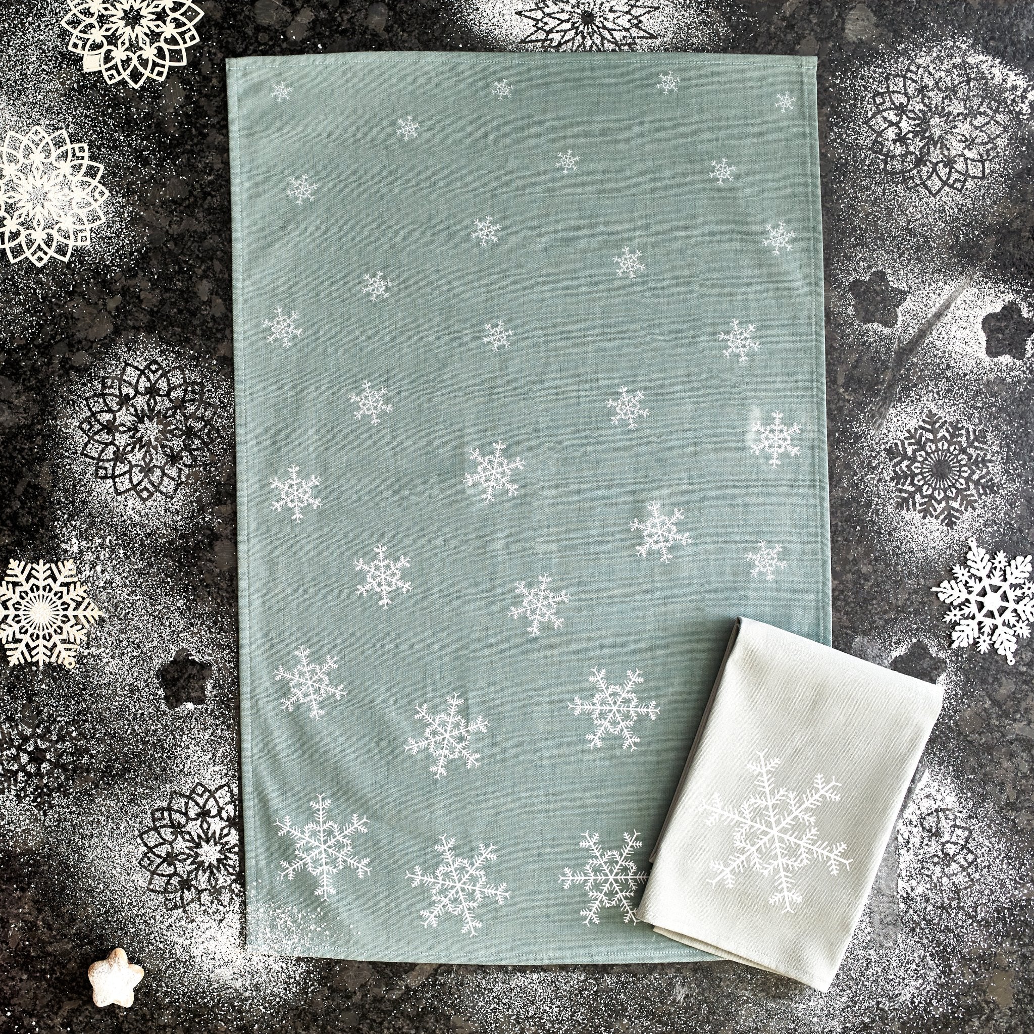 Snowflakes Tea Towel (2 pack) Sage Green and Frosty Green