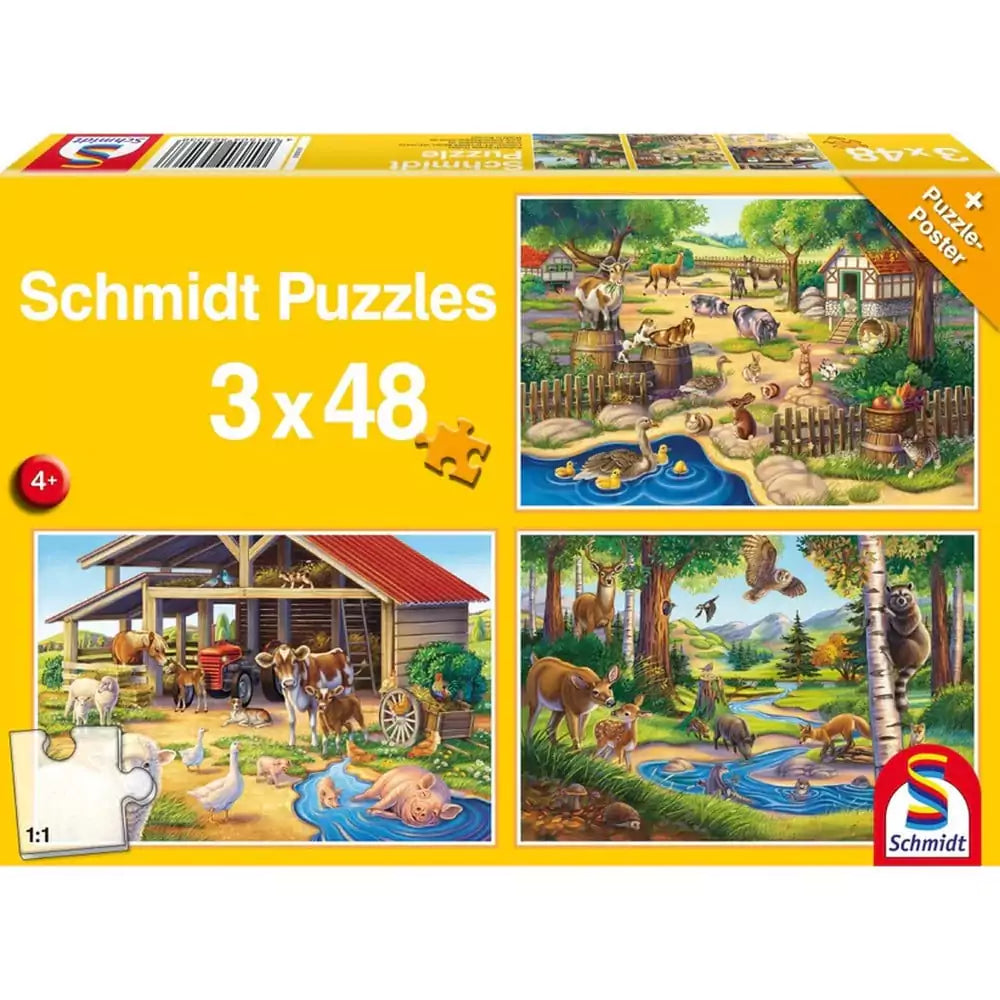 Puzzle Schmidt - Animalele mele preferate, 3 x 48 piese + Cadou: Poster