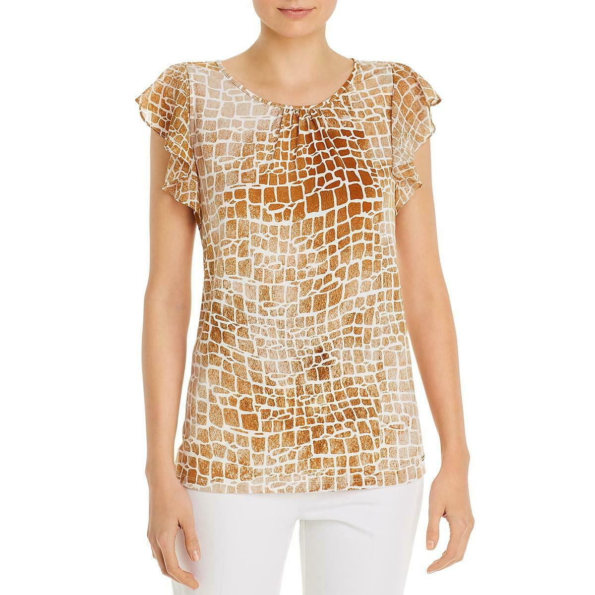 CALVIN KLEIN Tan Printed Ruffled Ruched Women's Blouse Top – Price Lane  Clearance