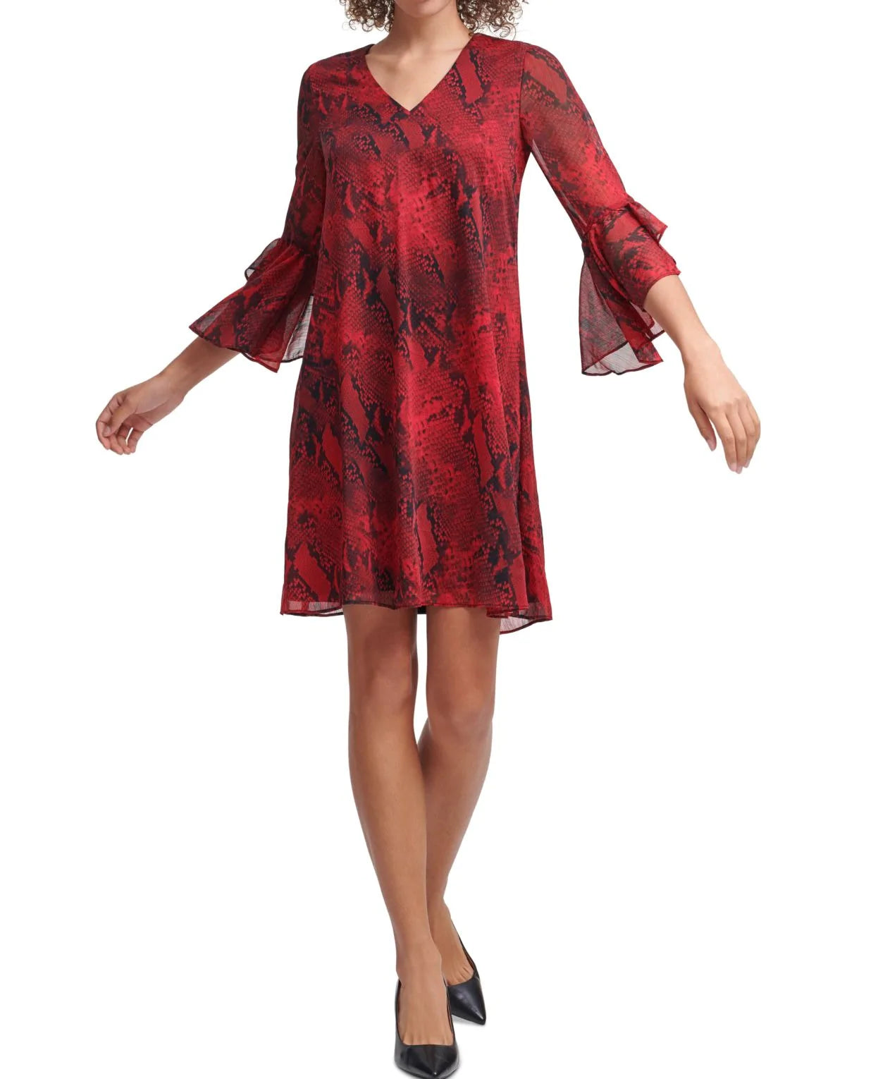 CALVIN KLEIN Women's Red Snake-Embossed Ruffled Sleeve Shift Dress – Price  Lane Clearance