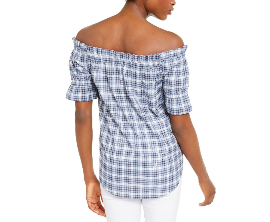 MICHAEL KORS Women's Blue Plaid Off-the-Shoulder Blouse – Price Lane  Clearance