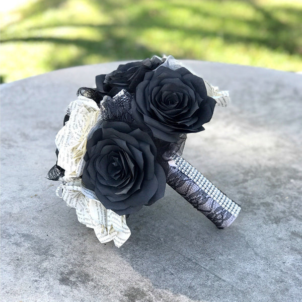Book page and filter paper rose wedding bouquet shown in Black and silver - Colors are customizable