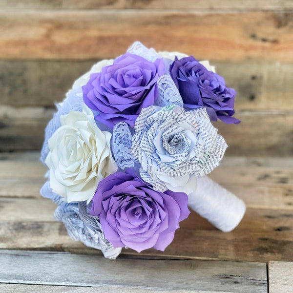 Book page and filter paper rose wedding bouquet shown in white, lavender & purple - Colors are customizable