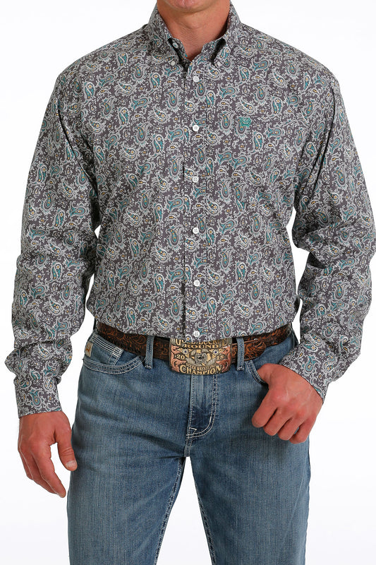 Cinch Men's Modern Fit Western Pearl Snap Long Sleeve Shirt - Blue Paisley  - ShopperBoard