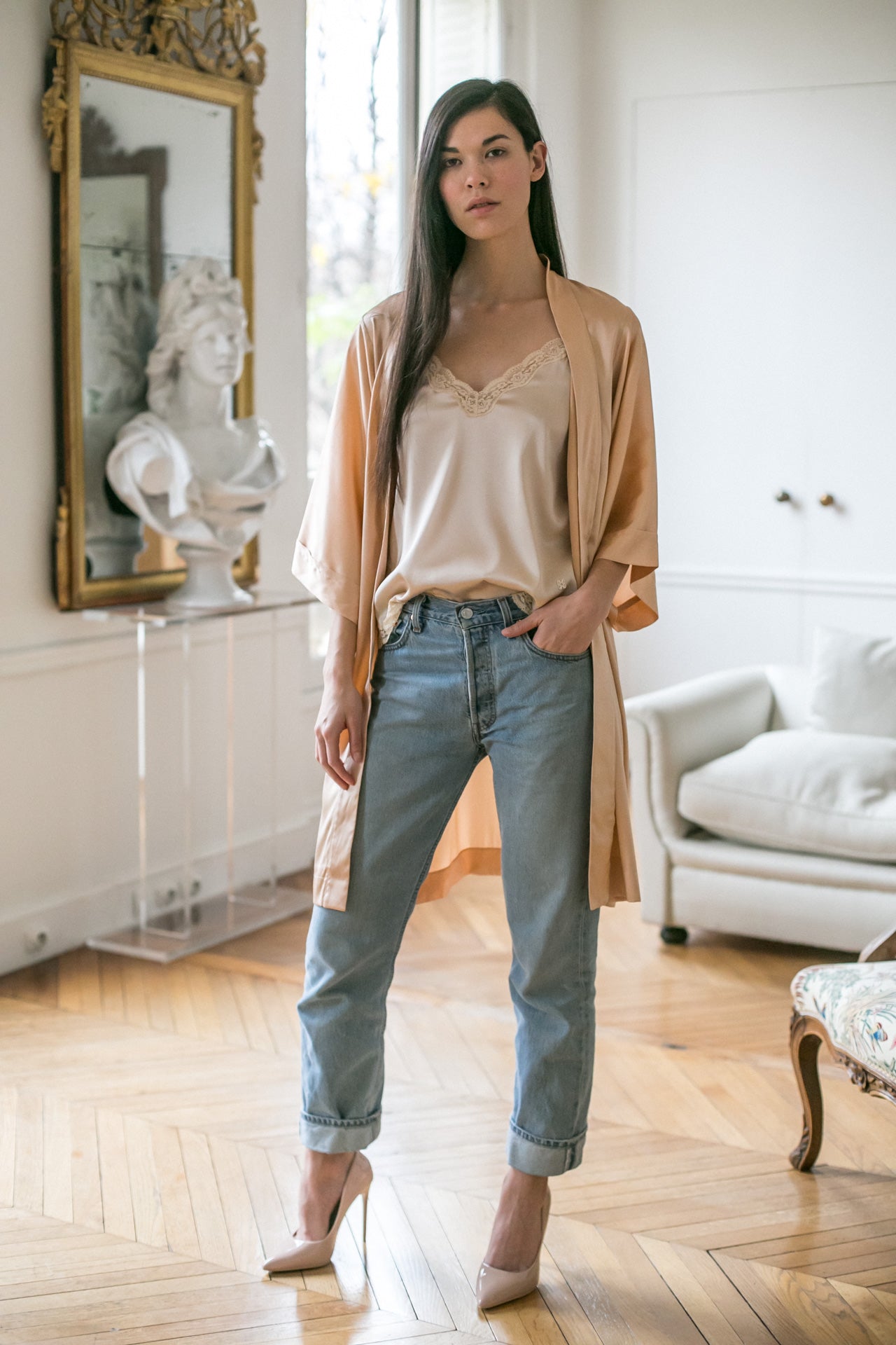 Silk top with kimono and jeans