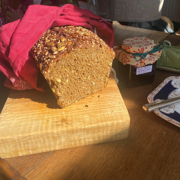 Rye Bread in Raspberry Red Linen Bread Bag from the Hedgerow Collection by Helen Round
