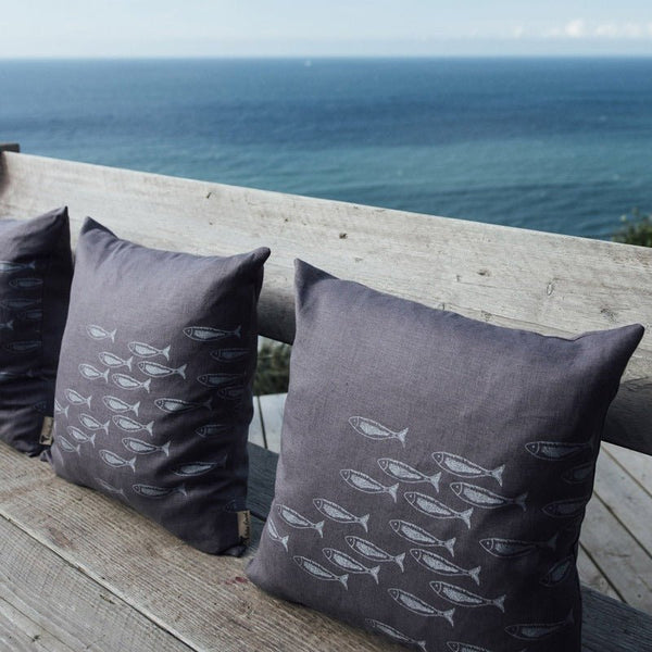 Slate Grey Linen Fish Shoal Cushion from the Quayside Collection by Helen Round